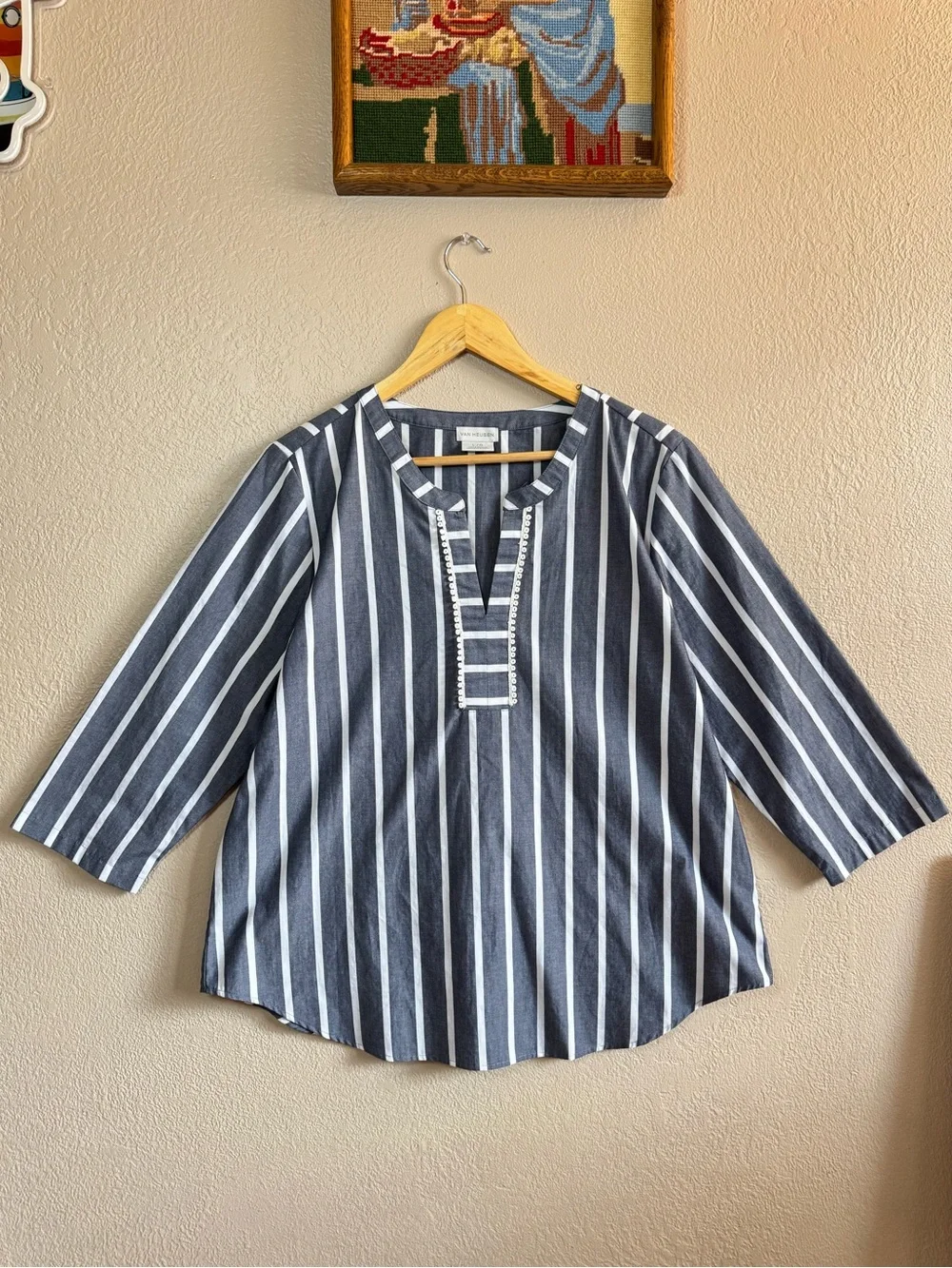 Van Heusen | Grey/White Vertical Stripe Split-Neck Tunic | Size Large